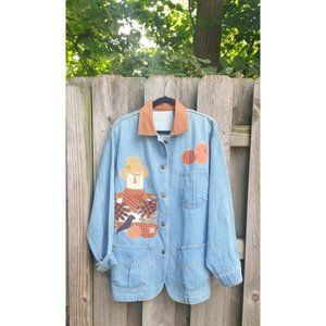 Fall Blue Jean Jacket Scarecrow Pumpkins Country Barn Coat Womens Size Large